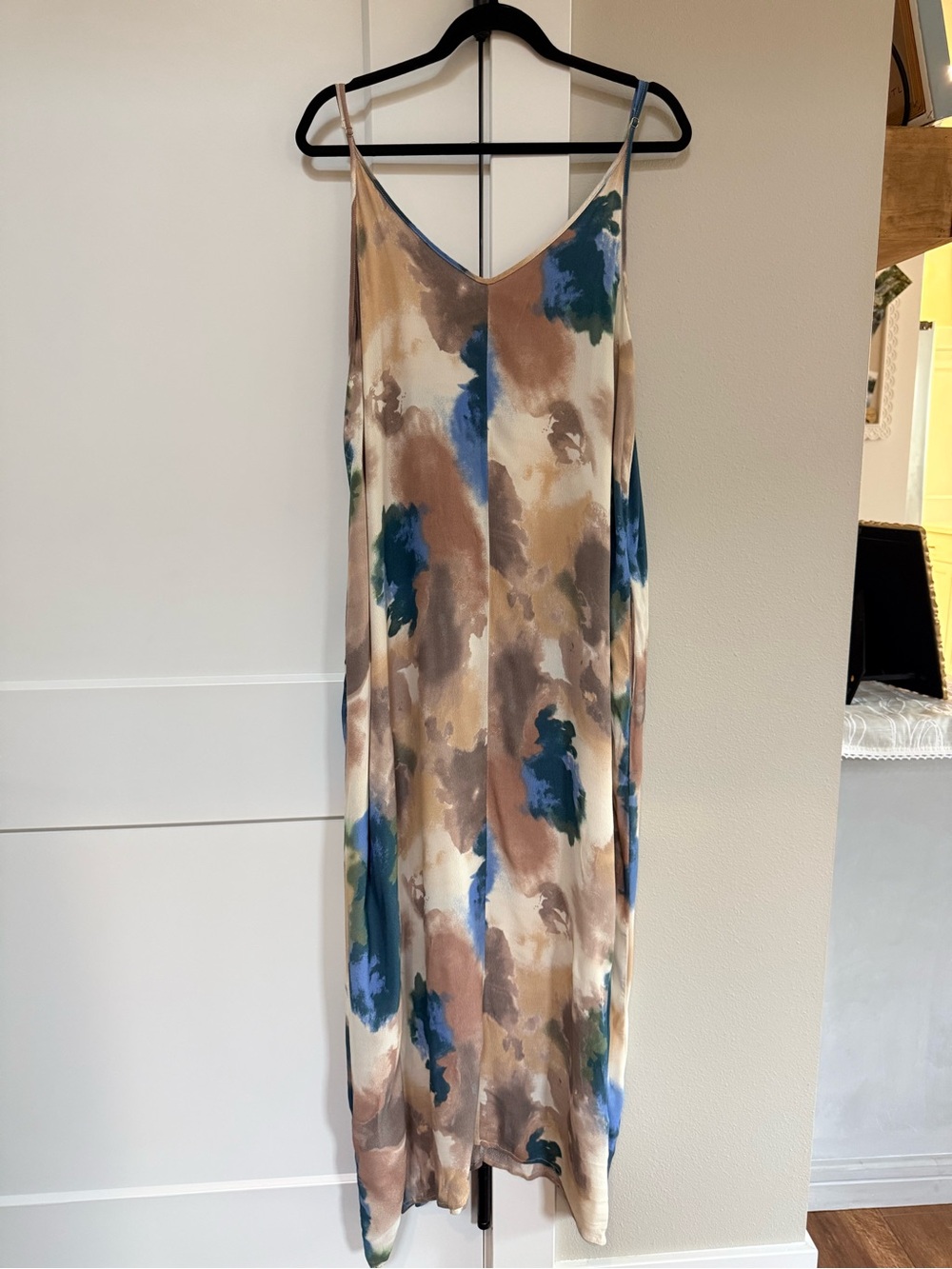 Women's Maxi Slip Dress in Blue and Tan Watercolor Print